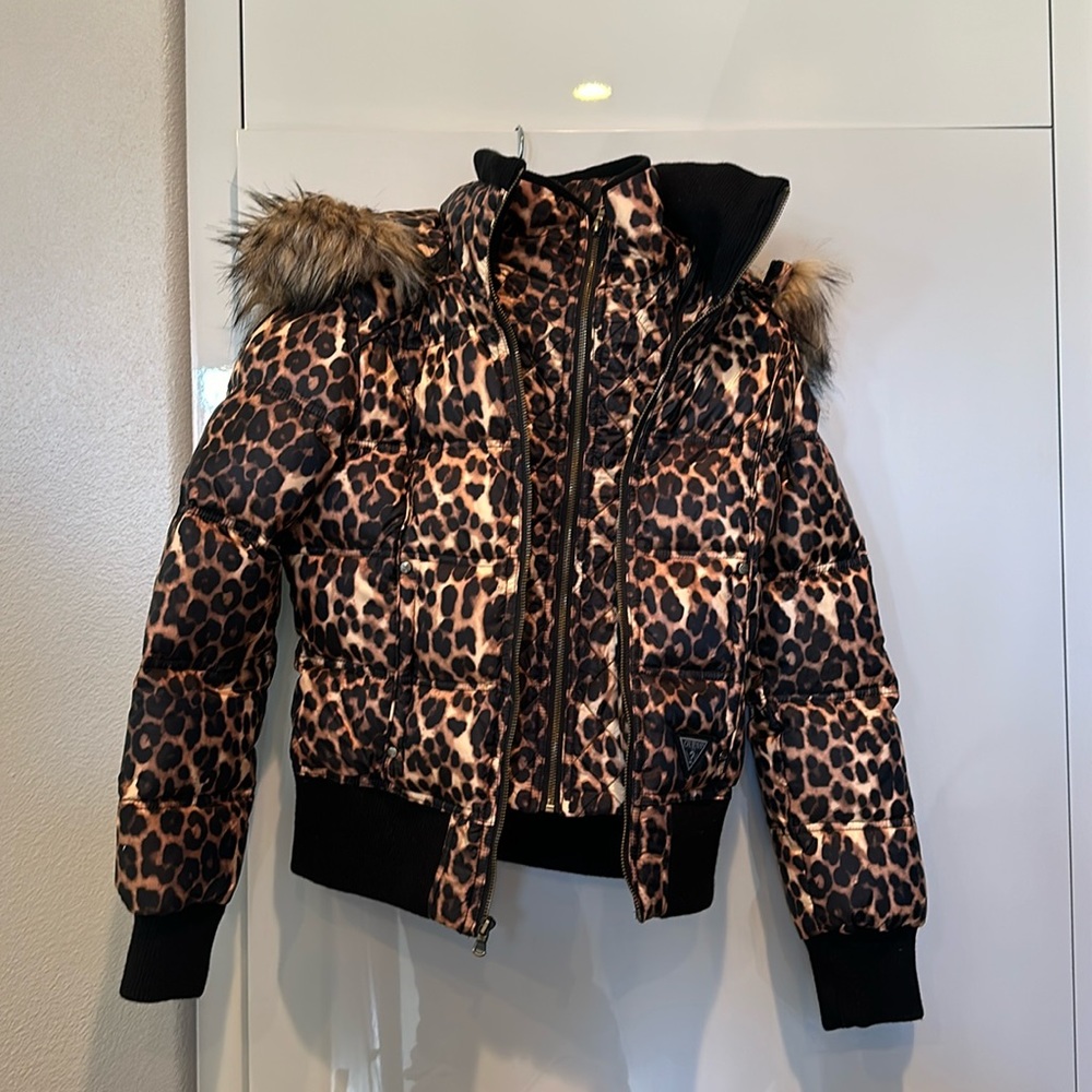 Guess Leopard Puffer Jacket with Fur Trim Hood